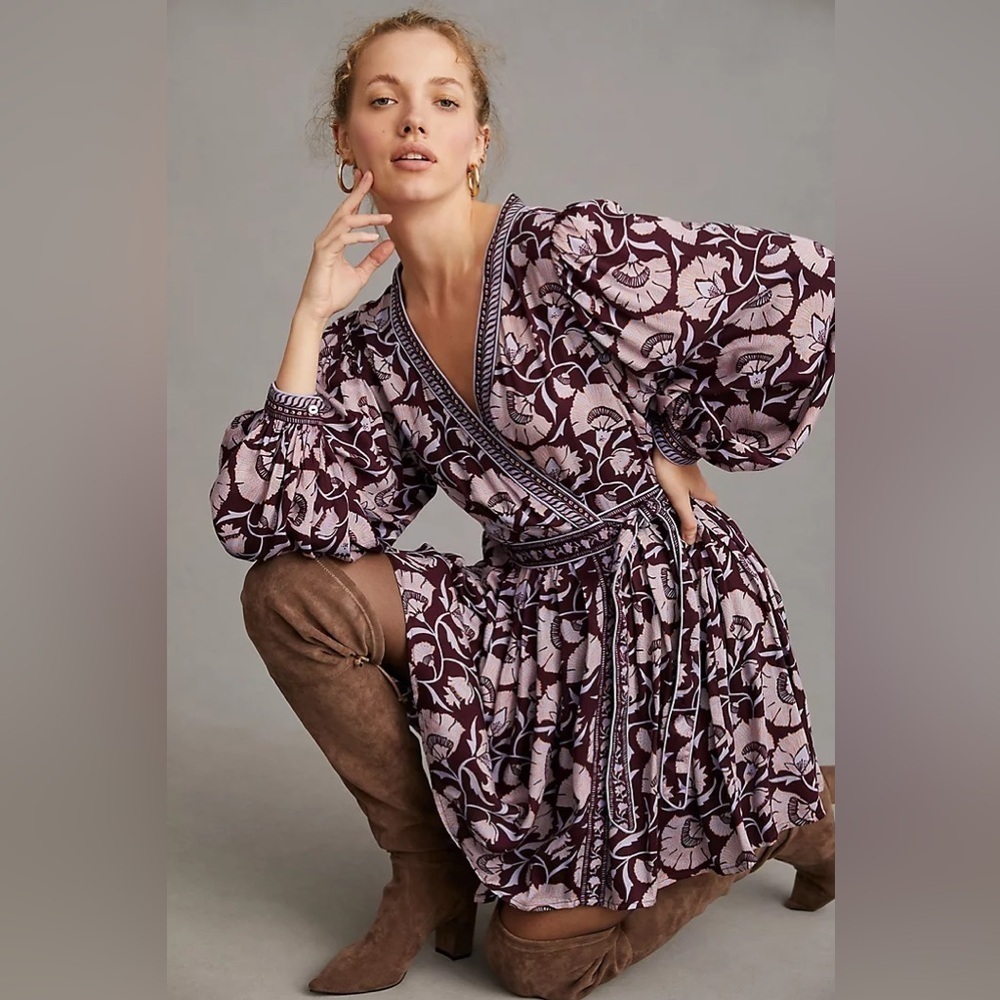New! OMIKA Rae Puff-Sleeve Wrap Mini Dress maha aubergine 37576
